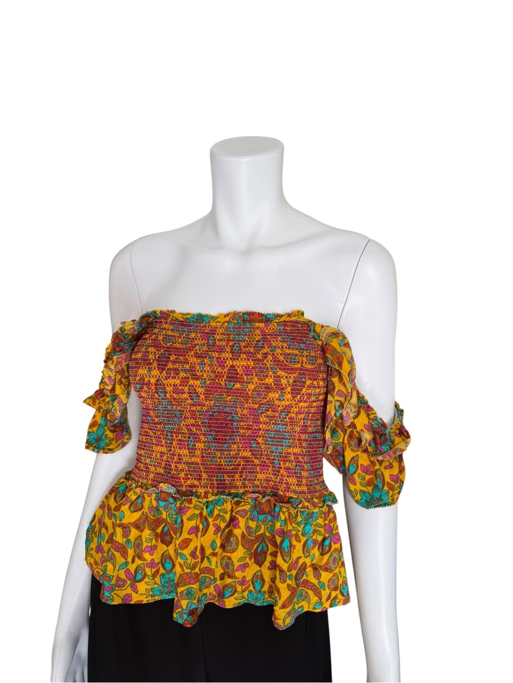 House‎ of Harlow Floral Smocked Ruffle Peplum Top Yellow Multicolor Size M